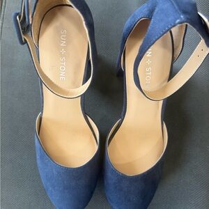Sun + Stone Navy Suede Ankle-Strap Heels